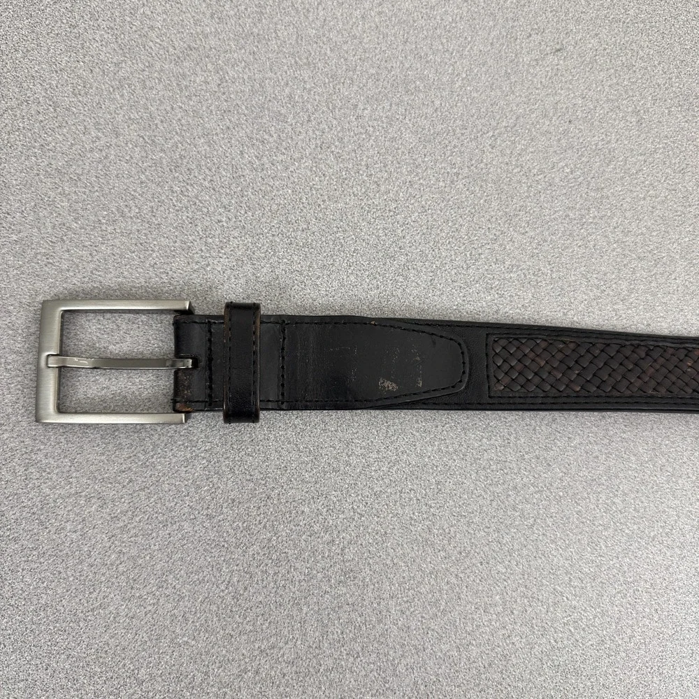 Trafalgar Leather Belt Mens 34 Black Brown Silver Buckle 1.25in Dress Basket *